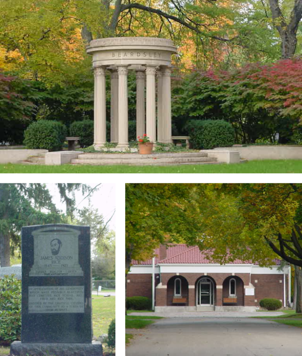 Three scenes from Rice Cemetery in Elkhart, Indiana: the Beardsley family memorial surrounded by colorful autumn trees, a headstone honoring James Rice, and the historic red-brick cemetery office framed by leafy trees.”