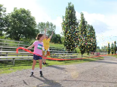 Finish line for speed walking race at Pollinator Promenade event