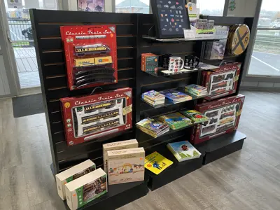 Merchandise available for purchase at the NNYCRRM giftshop, including toys, books, and other train and railroad memorabilia. 