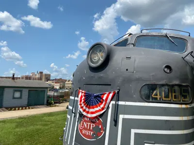 A close-up view of the nose of the #4085 E-8 diesel locomotive at the NNYCRRM