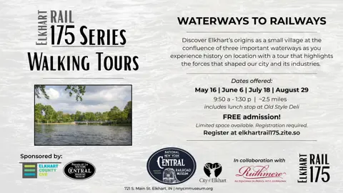 Poster for the 175 Series: Waterways to Railways Walking tours offered by the NNYCRRM in collaboration with Ruthmere. 