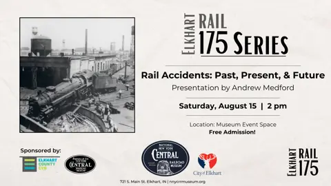 Poster for the 175 Series presentation on the past, present, and future of rail accidents in Elkhart at the NNYCRRM. 
