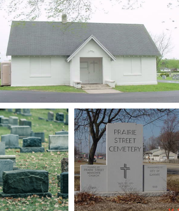 Scenes from Prairie Street Cemetery in Elkhart, Indiana, showing the small white chapel, rows of older headstones on grassy grounds, and the main entrance sign engraved with a cross and the cemetery’s name.