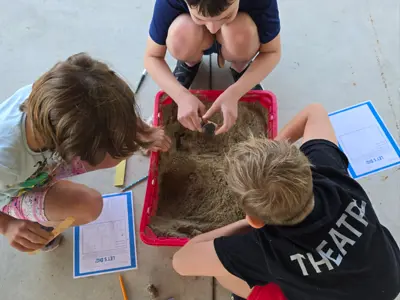 Kids exploring sandbox at Junior Indiana Master Naturalist program at EEC