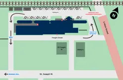 Map of the National New York Central Railroad Museum highlighting entrances and exit due to temporary closure of South Main Street 